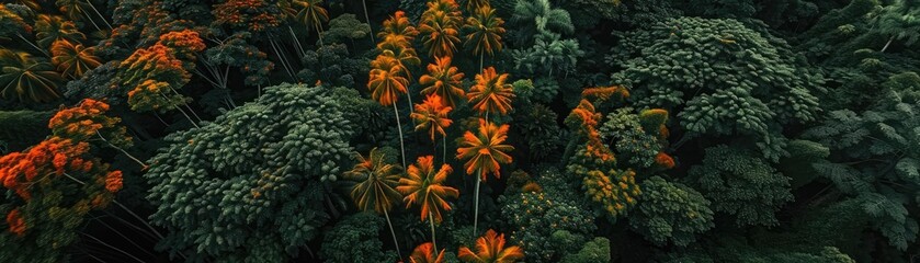 Poster - Aerial view of lush green rainforest with vibrant orange trees, showcasing the rich diversity and beauty of tropical nature from above.