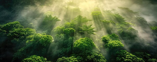 Poster - Breathtaking view of a lush green rainforest with sunlight filtering through mist, creating a serene and magical atmosphere.