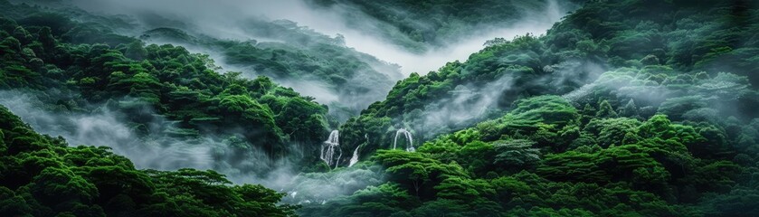 Poster - Lush green forest with cascading waterfall and mist, creating a serene and tranquil natural landscape in a tropical environment.