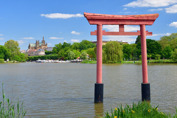 Wall Mural - Metz, France. Torii gates mark the transition from the human world to the sacred space of Shinto shrines in Japan and the cathedral (Cathédrale Saint-Etienne de Metz) . May 09, 2024.