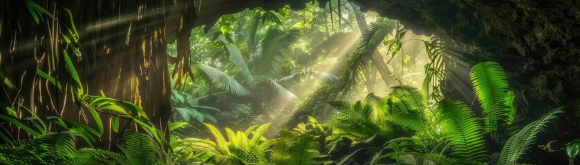 Poster - Lush green tropical rainforest with sunlight filtering through dense foliage, creating a serene and enchanting natural environment.