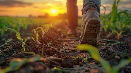 Poster - Farmer boots walking away from the camera in a field of sprouting corn at sunset. Generative AI.