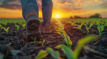 Poster - Farmer boots walking away from the camera in a field of sprouting corn at sunset. Generative AI.