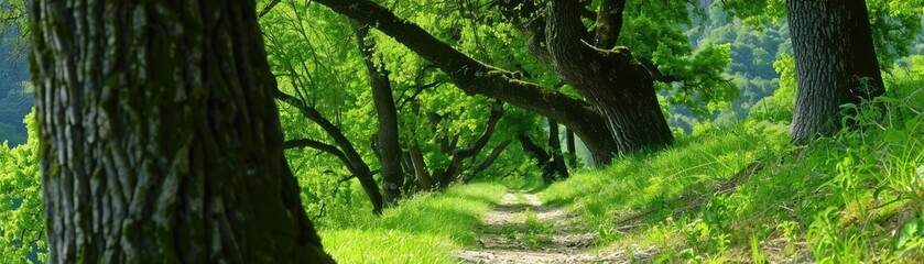 Poster - Scenic forest trail with lush green trees, perfect for outdoor activities and nature walks, offering tranquility and natural beauty.