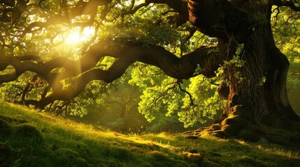 Poster - A serene forest scene with sunlight filtering through the branches of an ancient tree, casting a warm, golden glow on the lush green grass.