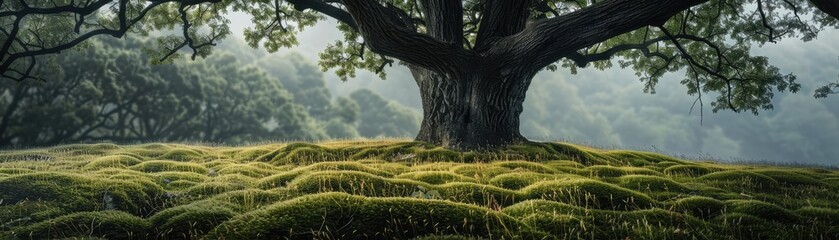 Aufkleber - Serene forest landscape with a majestic tree surrounded by lush greenery and soft, moss-covered ground in the peaceful morning light.