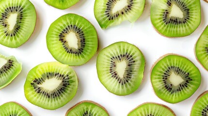 Poster - Kiwi fruit slices viewed from above on a white background