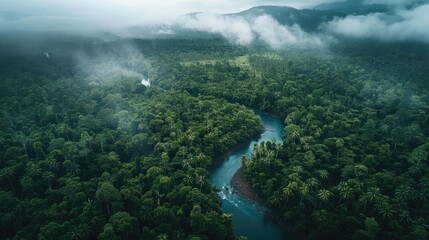 Wall Mural - Aerial view of a winding river flowing through dense green rainforest under a cloudy sky, with mist and mountains in the background.