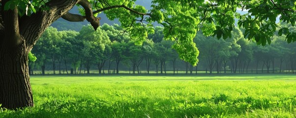 Aufkleber - Peaceful green meadow with lush trees and sunlight filtering through leaves, perfect nature scenery for relaxation and tranquility.