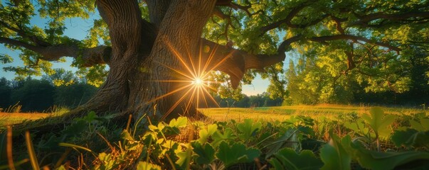 Poster - Sunlight breaking through the branches of an ancient tree in a serene forest meadow, capturing the beauty and tranquility of nature.