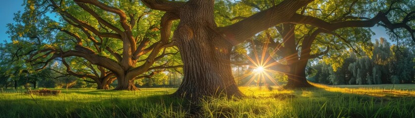 Poster - Beautiful sunrise through large trees in a lush green park, casting vibrant light and shadows on the grass.