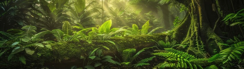 Aufkleber - Lush green rainforest with vibrant plants and light filtering through the canopy, creating a serene and peaceful natural atmosphere.