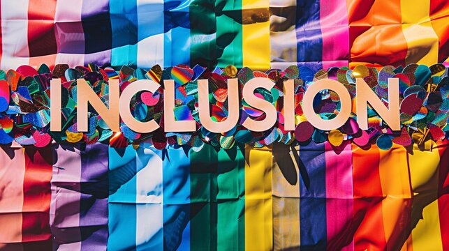 A collage of LGBTQ+ pride flags arranged in the shape of the word 