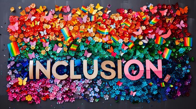 A collage of LGBTQ+ pride flags arranged in the shape of the word 