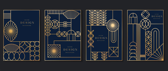 Geometric line pattern poster design vector. Set invitation card of abstract art decor design on dark blue background. Use for wedding invitation, cover, VIP card, print, gala, wallpaper.