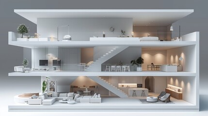 Poster - A 3D white model of the interior design plan for an apartment with two floors, a staircase and some rooms on each floor, with furniture inside. Generative AI.