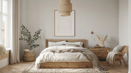 Wall Mural - A Scandinavian-inspired bedroom with a minimalist, solid-wood bed frame, a woven wicker armchair, and a geometric-patterned throw blanket. 