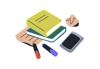 Poster - Book, notebook, crumpled paper and mobile phone for education and study. Notebook, diary, smartphone for learning. Textbooks, notes composition. Flat vector illustration isolated on white background