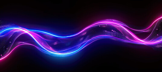 Wall Mural - Waved neon light element with swoosh effect , isolated on black background