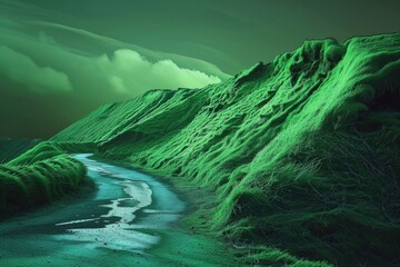 Aufkleber - Scenic view of a green mountain with a stream running through it. Suitable for nature and landscape concepts