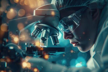Aufkleber - A woman in a lab coat studying through a microscope. Suitable for scientific and research concepts