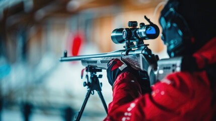 Poster - A man in a red jacket holding a rifle. Suitable for hunting or outdoor activities
