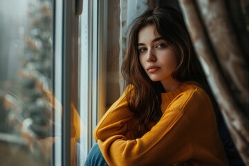 Aufkleber - A woman sitting on a windowsill looking out a window. Suitable for interior design concepts