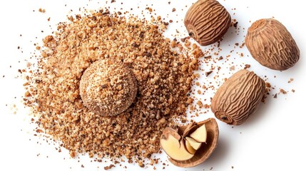 Poster - A pile of nutmeal next to some nuts. Perfect for food and nutrition concepts