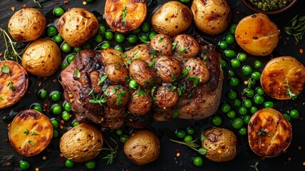 Wall Mural - Juicy Meat With Potatoes and Peas