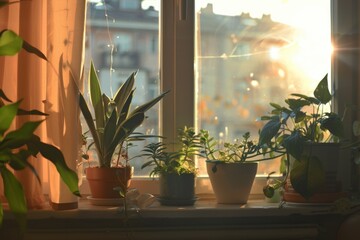 Poster - A collection of potted plants on a window sill. Perfect for home decor or gardening concepts