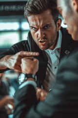 Poster - A man in a suit pointing at another man. Suitable for business concepts