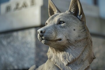 Poster - A statue of a dog sitting in front of a building. Great for architectural and animal themes