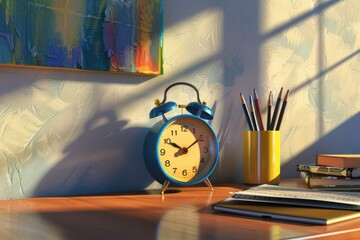 Poster - A blue alarm clock sitting on a wooden desk. Perfect for time management concepts