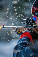 Poster - A man shooting with a rifle in the snow. Suitable for outdoor activities concept