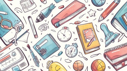 Poster - Various school supplies neatly arranged on a white background. Perfect for educational concepts and back to school designs