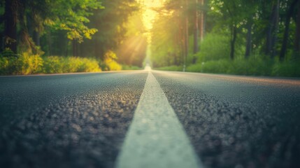 Poster - Sunlit asphalt road with a central white line, surrounded by lush green trees in a serene forest setting, creating a peaceful landscape.