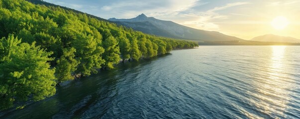 Poster - Scenic view of a serene lake with lush green trees and a mountain under the sunset sky, creating a peaceful nature landscape.