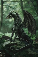 Poster - A dragon statue perched on a rocky surface, suitable for fantasy themes