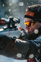 Poster - A man aiming with a rifle in the snow. Suitable for outdoor activities
