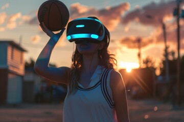 Poster - A woman holding a basketball while wearing a virtual reality headset. Suitable for sports and technology concepts