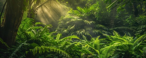 Poster - Lush, vibrant green rainforest foliage bathed in soft sunlight, creating a serene and tropical ambiance. Perfect for nature and wilderness lovers.