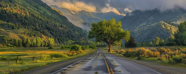 Poster - Scenic mountain road at sunrise with lush green trees, majestic hills, and dramatic clouds, ideal for nature and travel enthusiasts.