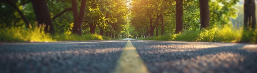 Poster - Scenic rural road surrounded by lush green trees and sunlight filtering through, creating a serene and picturesque travel destination.