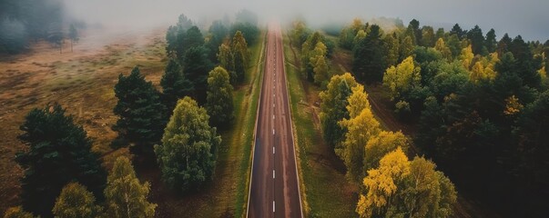 Poster - Aerial view of a scenic road surrounded by autumn trees in a forest, with misty atmosphere and vibrant foliage, creating a tranquil landscape.
