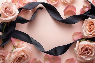 Sticker - Heart shape made of pink roses with black ribbon, suitable for romantic occasions