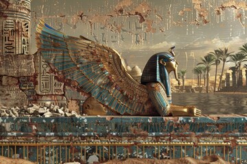 Poster - A majestic Egyptian sphinx statue perched on a wall. Suitable for historical and architectural projects