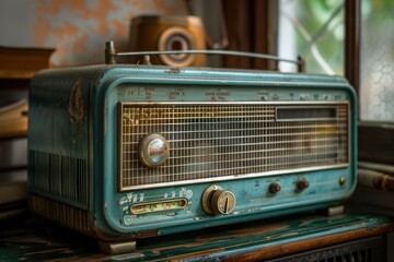 Poster - An old radio resting on a table, suitable for retro design projects