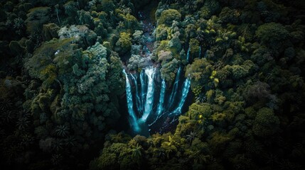 Poster - Aerial view of stunning turquoise waterfalls cascading through lush, dense forest, surrounded by vibrant green foliage.