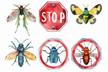 Poster - A group of insects gathered around a stop sign. Suitable for educational materials or traffic safety concepts