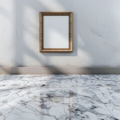 Wall Mural - Elegant art gallery featuring a 3D empty frame on a sophisticated Carrara Michelangelo marble floor.